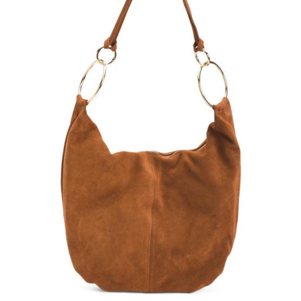 NWT Marlon Rosita Hobo Bag Gold Rings Suede Leather Made in Italy Golden Brown - Picture 6 of 10